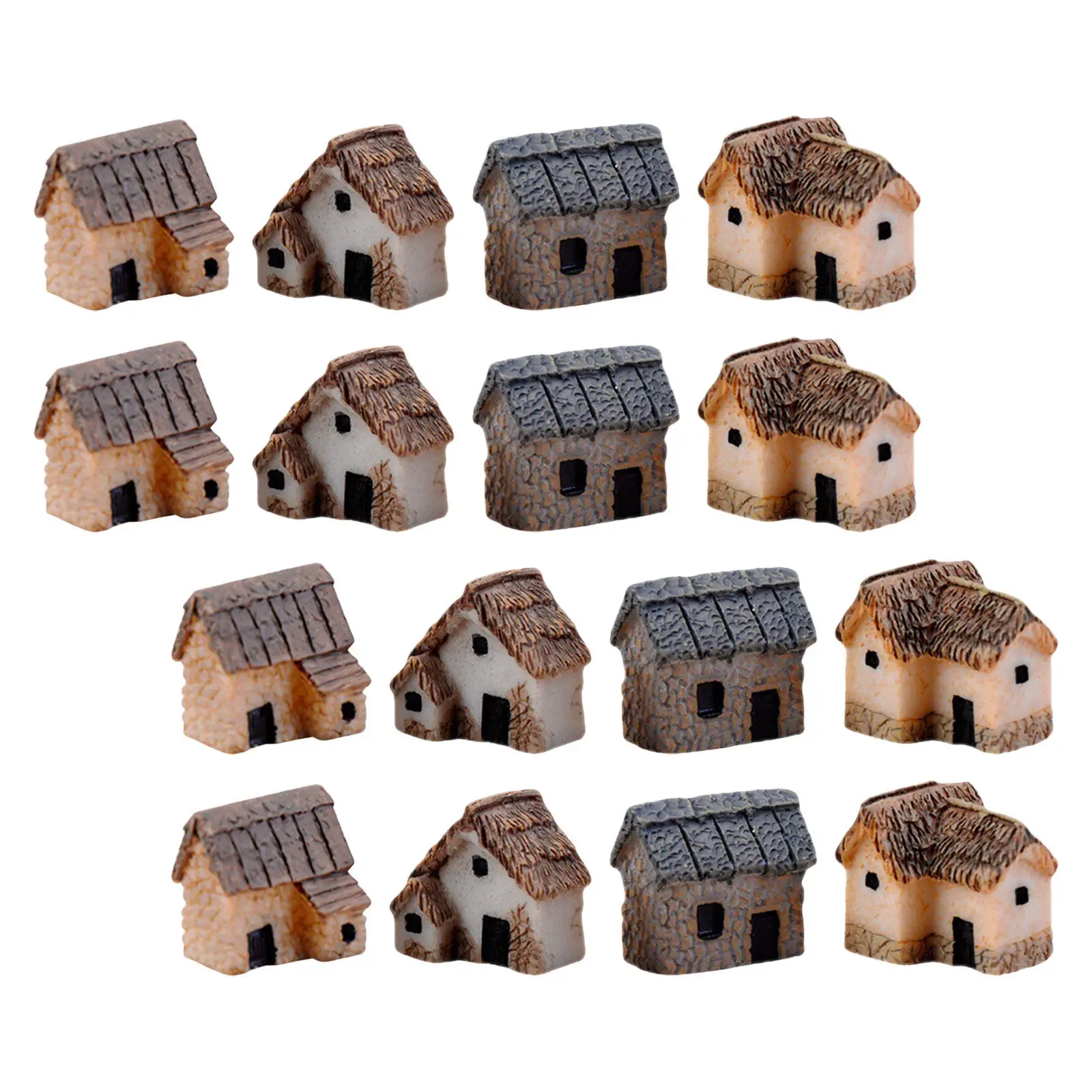16Pcs Mini Resin Thatched House Charm Fairy Garden Village Micro Bonsai Landscape Desktop Decoration Accessory