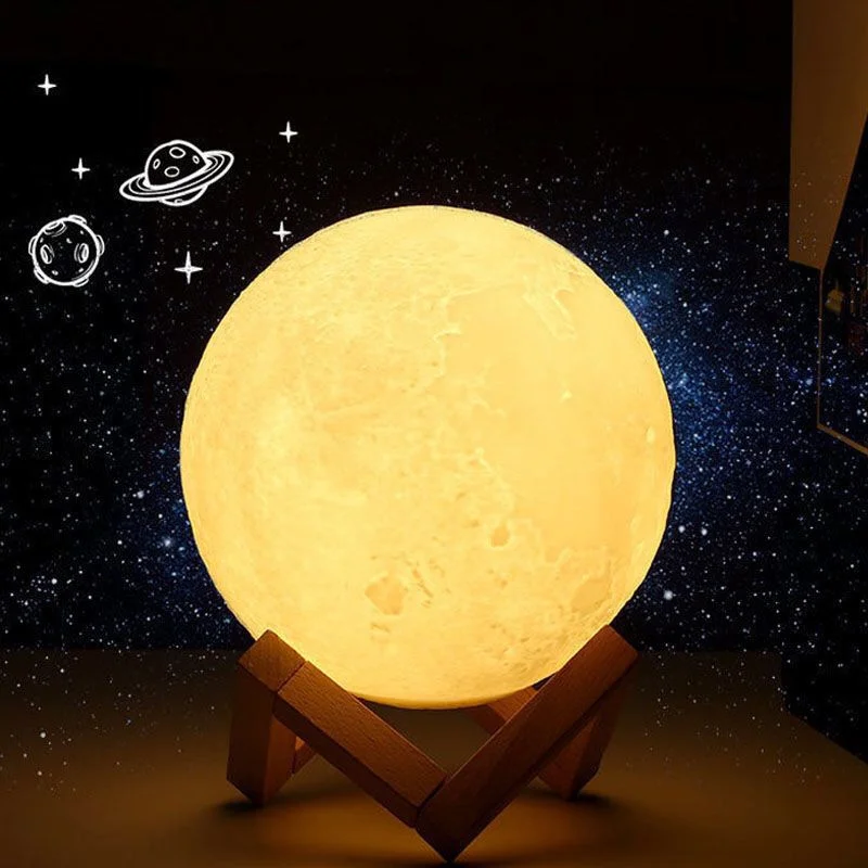 Lámpara LED de Luna con estampado 3D, luz nocturna con soporte y batería, cambia de Color, decoración de dormitorio, regalos para niños