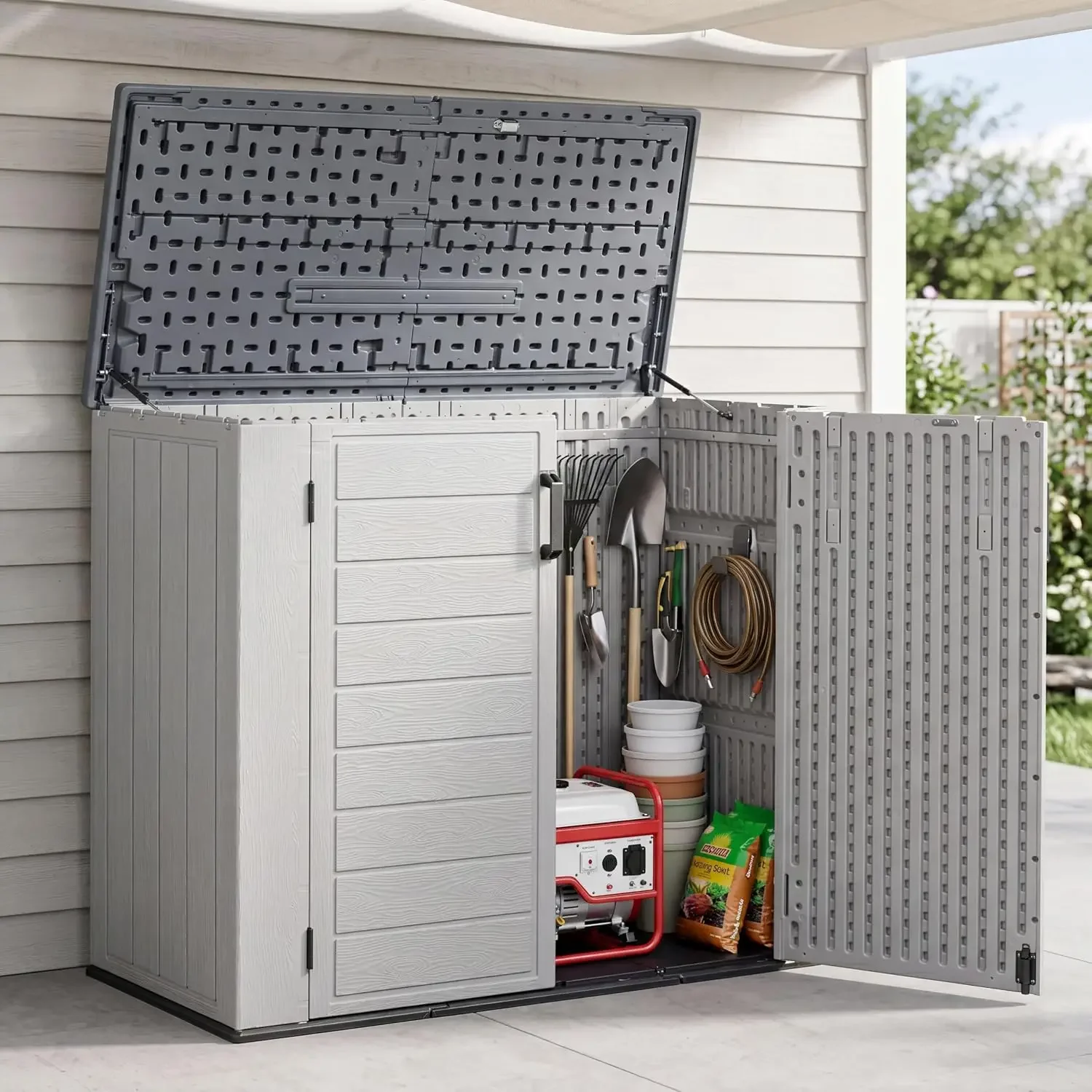 Outdoor Storage Cabinet 41 Cu.Ft, Resin Horizontal Storage Shed, Large Lockable Deck Box with Spring-Assisted Lid, UV Resistant