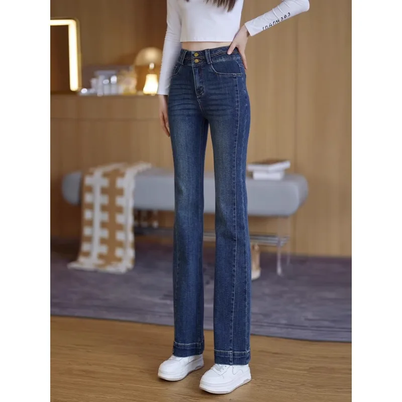 جينز أزرق من الدنيم للنساء والشتاء، سروال أنيق كاجوال بطول الأرض بأرجل مستقيمة #4