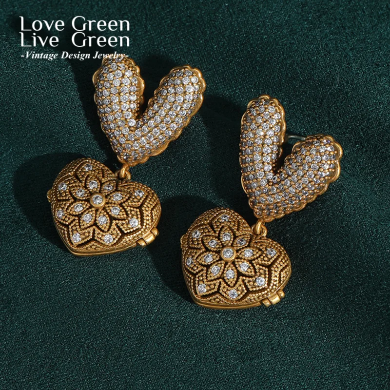 

Vintage Zircon Love Heart Drop Earring Rhinestone Gold Color Luxury Designer Jewelry High Quality Gifts Romantic New 2025