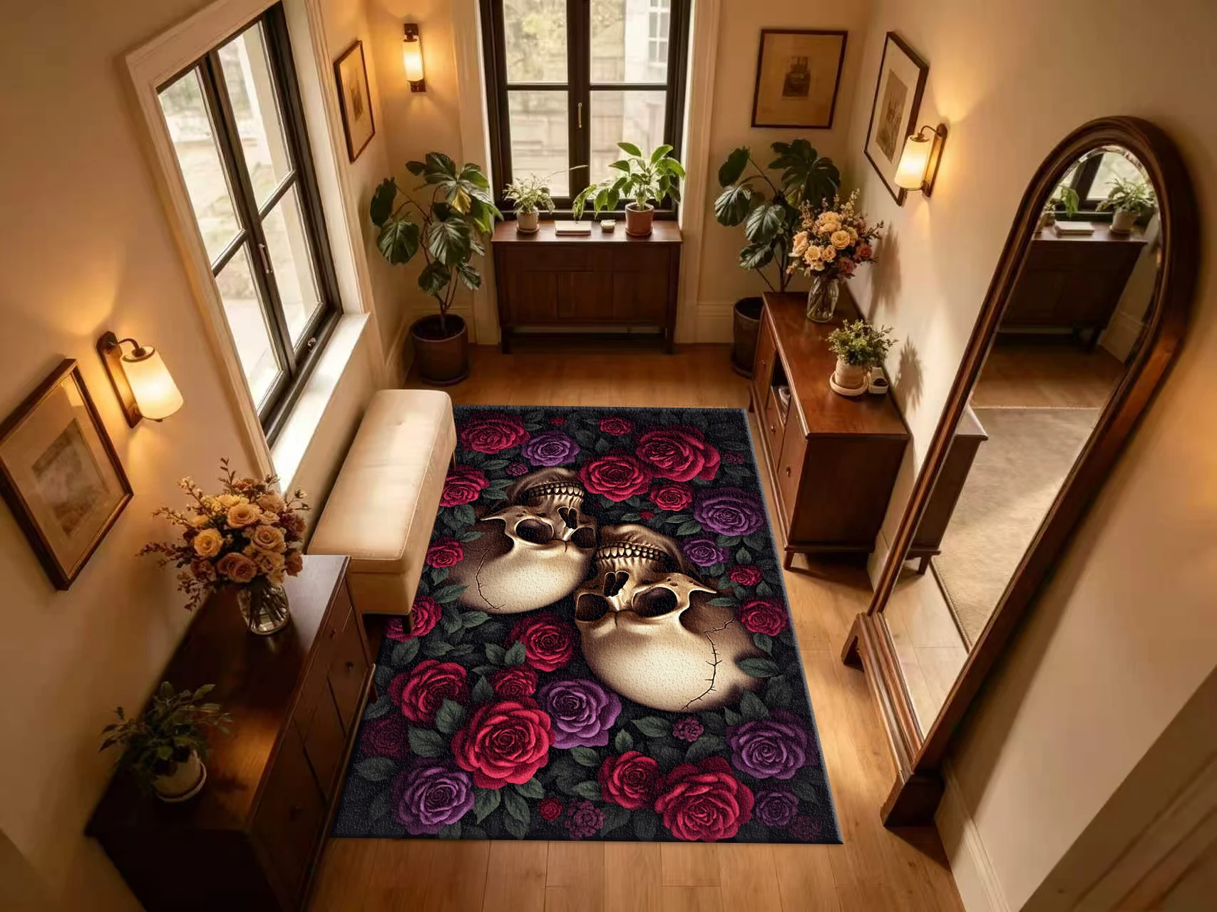 Dark Gothic Skull Rose Carpet Flooring Mysterious Art Floor Mat for Indoor Household Decor