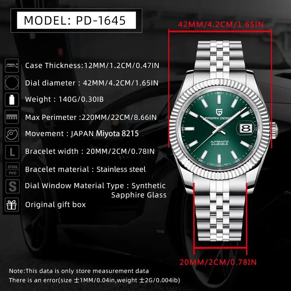 PAGANI DESIGN 남성용 기계식 손목시계 미요타 8215 사파이어 글래스 럭셔리 시계 남성용 스틸 100M 방수 시계 PD1645