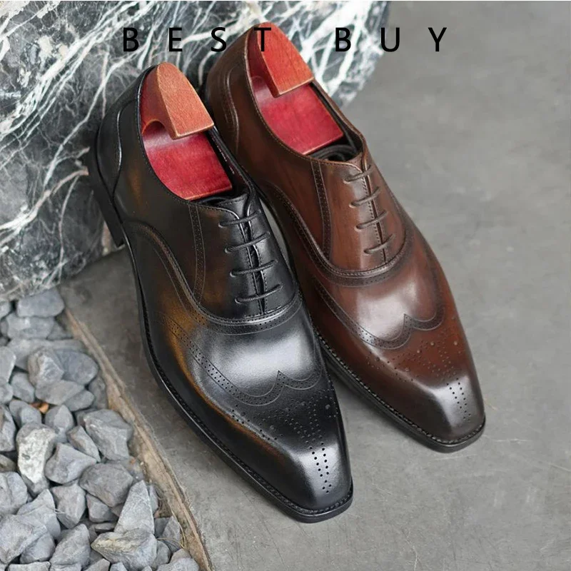 Oxfords Men Shoes Red Sole Fashion Business Casual Party Banquet Daily Retro Carved Lace-up Brogue Dress Shoes size 38-48