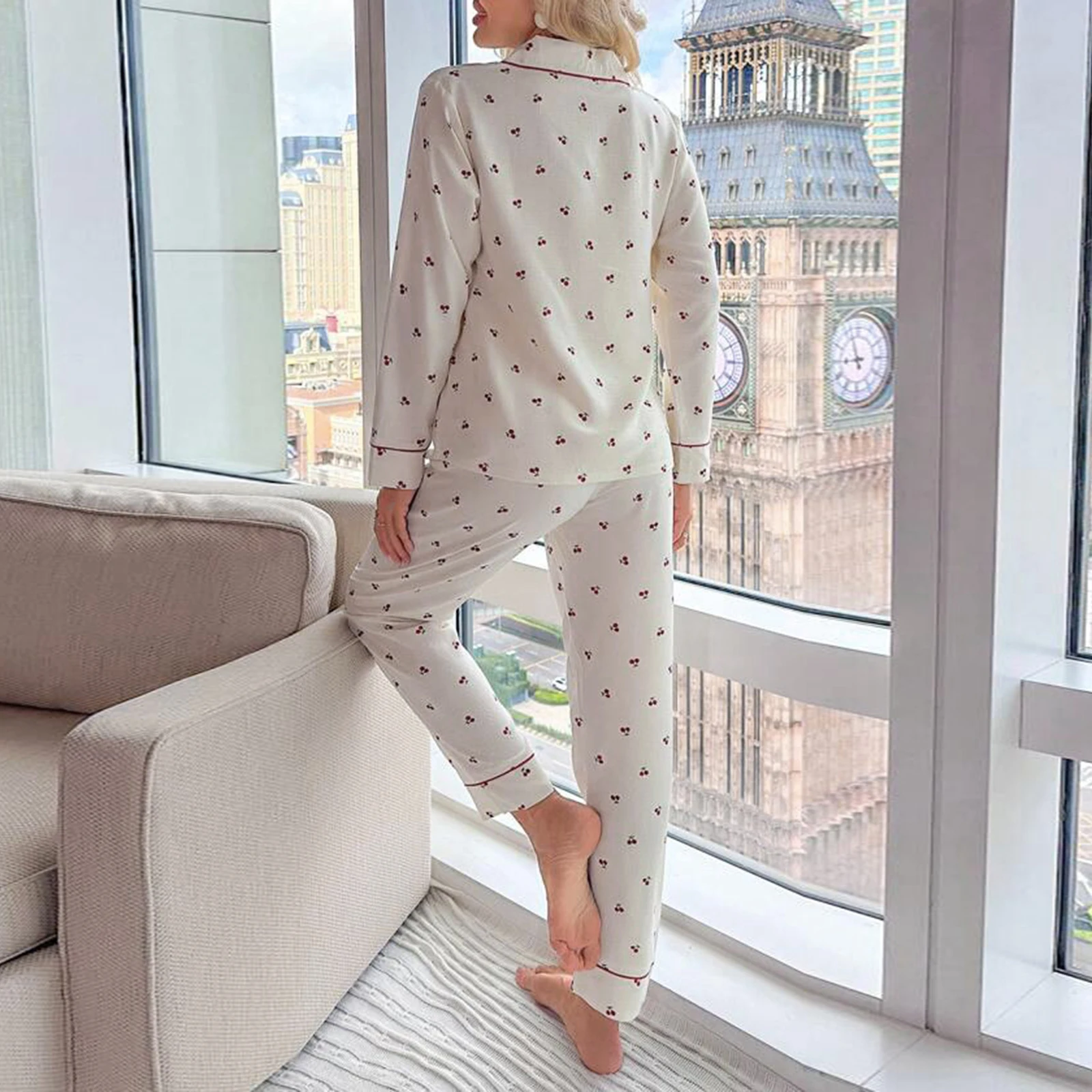 Women Pajama Set Cherry Print Long Sleeve Button Closure Tops with Elastic Waist Pants Sleepwear Loungewear