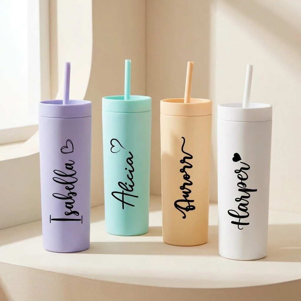 Custom Name Print Pastel Slim Tumbler Stainless Steel Insulated Water Cup with Straw, Portable Travel Coffee Mug for Office Gym.