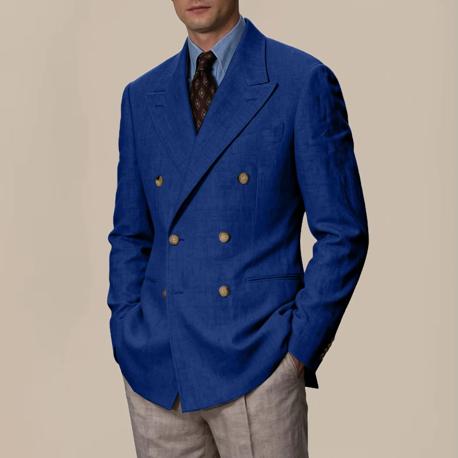 Men's Cotton Linen Blend Blazer Double Breasted Lightweight Breathable Wrinkle Resistant Jacket Casual Sport Coat For Beach image 2