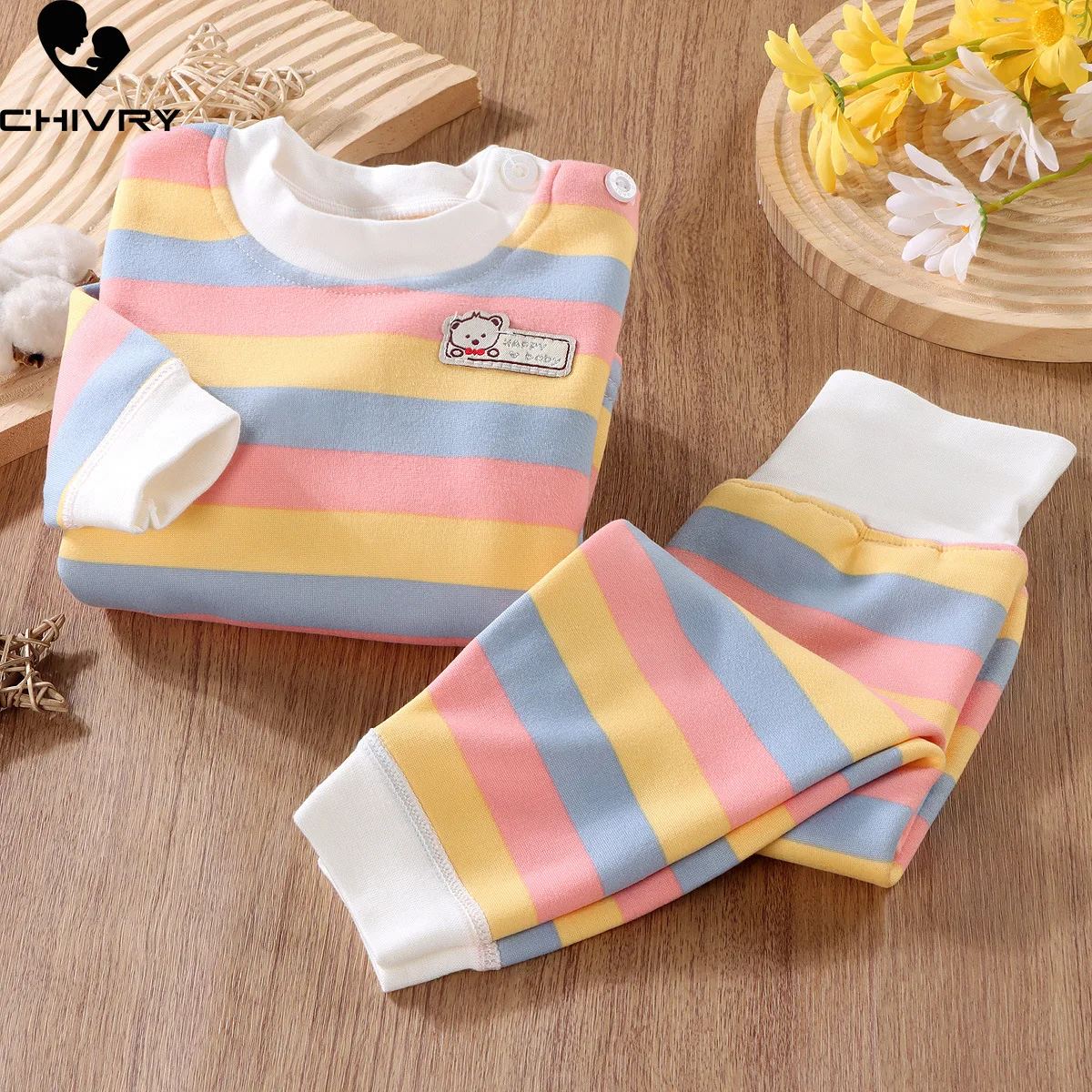 New 2023 Autumn Winter Kids Pajamas Baby Boys Girls Striped Thicken High Waist Warm Clothing Sets Toddler Pyjamas Sleepwear