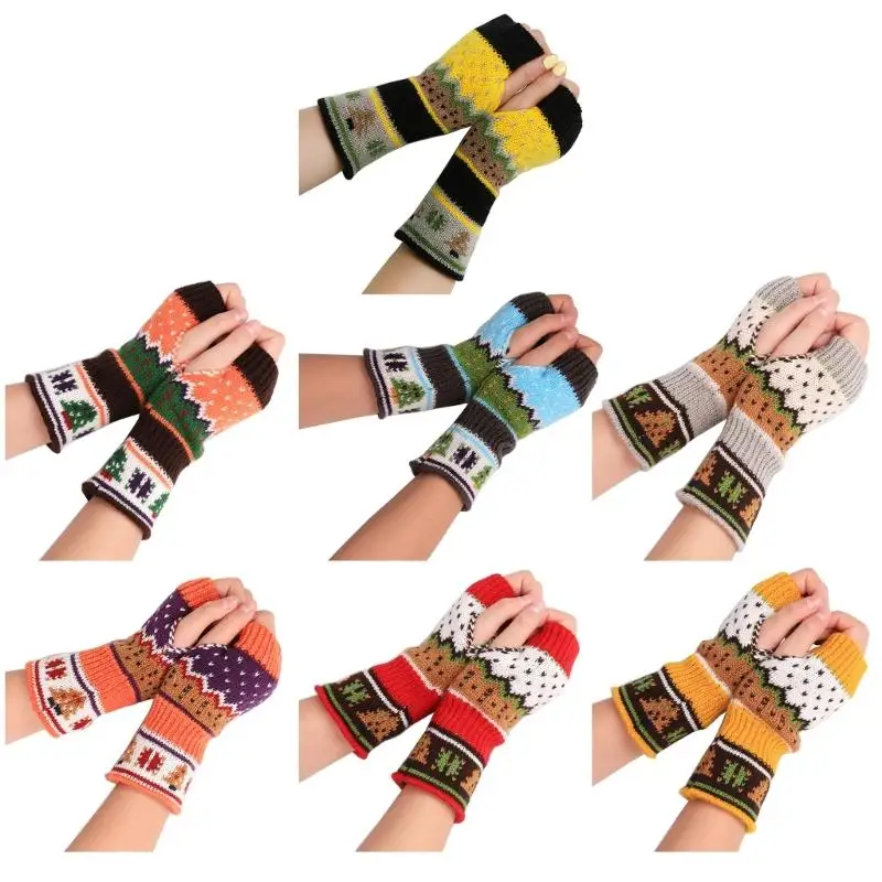 

Christmas Fingerless Gloves for Women Fashion Knitting Jacquard Arm Sleeves Festival Decorative Gloves for Teens Girl