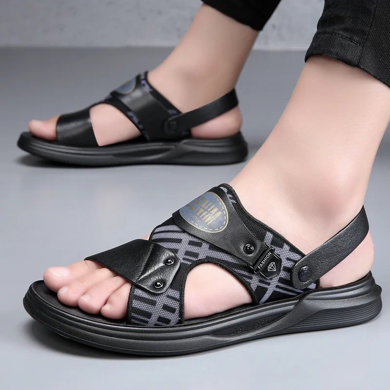 Summer Top Layer Cowhide Beach Shoes Men's Fashion Trend, External Wearing Sandals  Soft Soles Massage  Casual Slippers