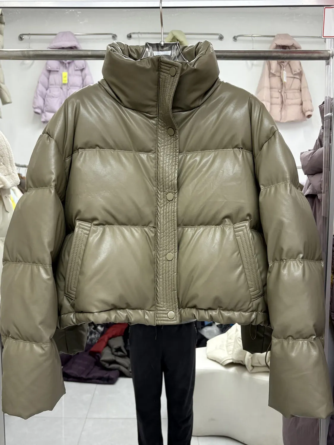 

Autumn Winter ort Thiened Warm Stand Collar PU Leather down Jaet Women's Bread Sle High Waist Coat Memory Fabric Du...