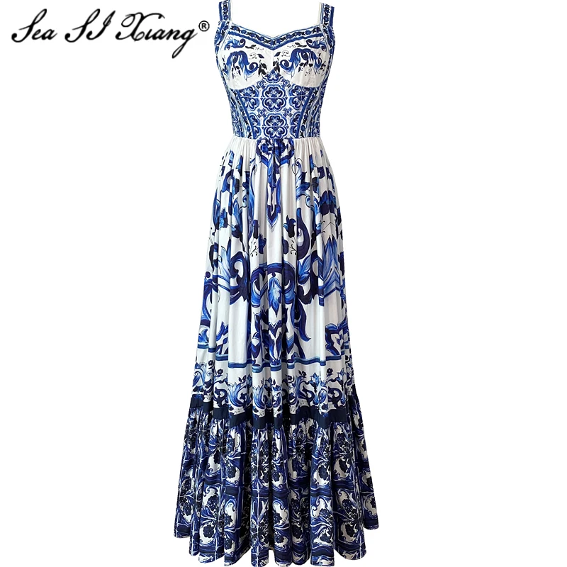 

Seasixiang Fashion Designer Spring Cotton Dress Women Spaghetti Strap Blue Floral Print Elegant Party Backless Long Dresses