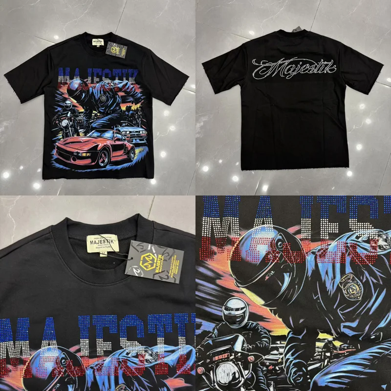 Men Vintage Racing Car Rider Graphic Majestik T‑Shirt Rhinestone Letter Print Frayed Hem Street Tee