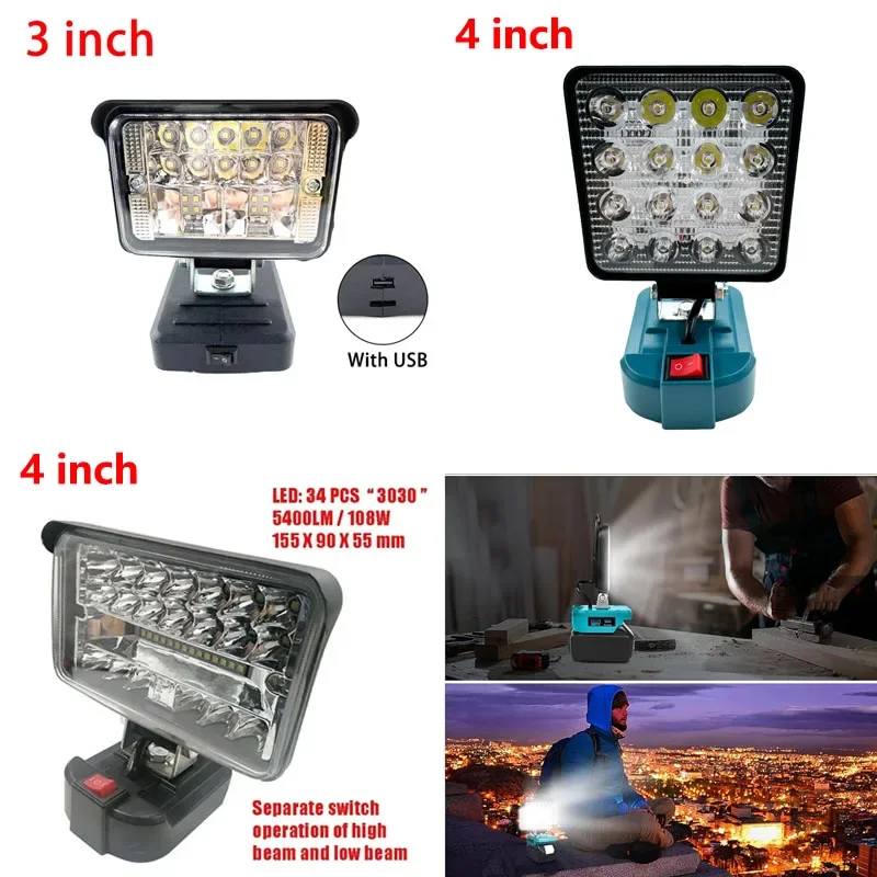 

3/4 Inch Cordless LED Spotlight for Makita 18V Li-ion Battery Work Light Lighting Power Supply Indoor Outdoor USB