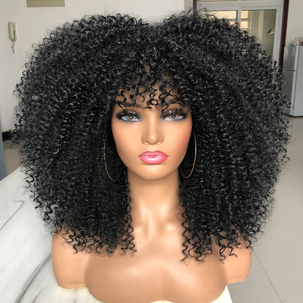 Perucas afro encaracoladas para mulheres negras, peruca curta encaracolada com Franja, cachos perversos, cabelo sintético para mulheres afro-americanas