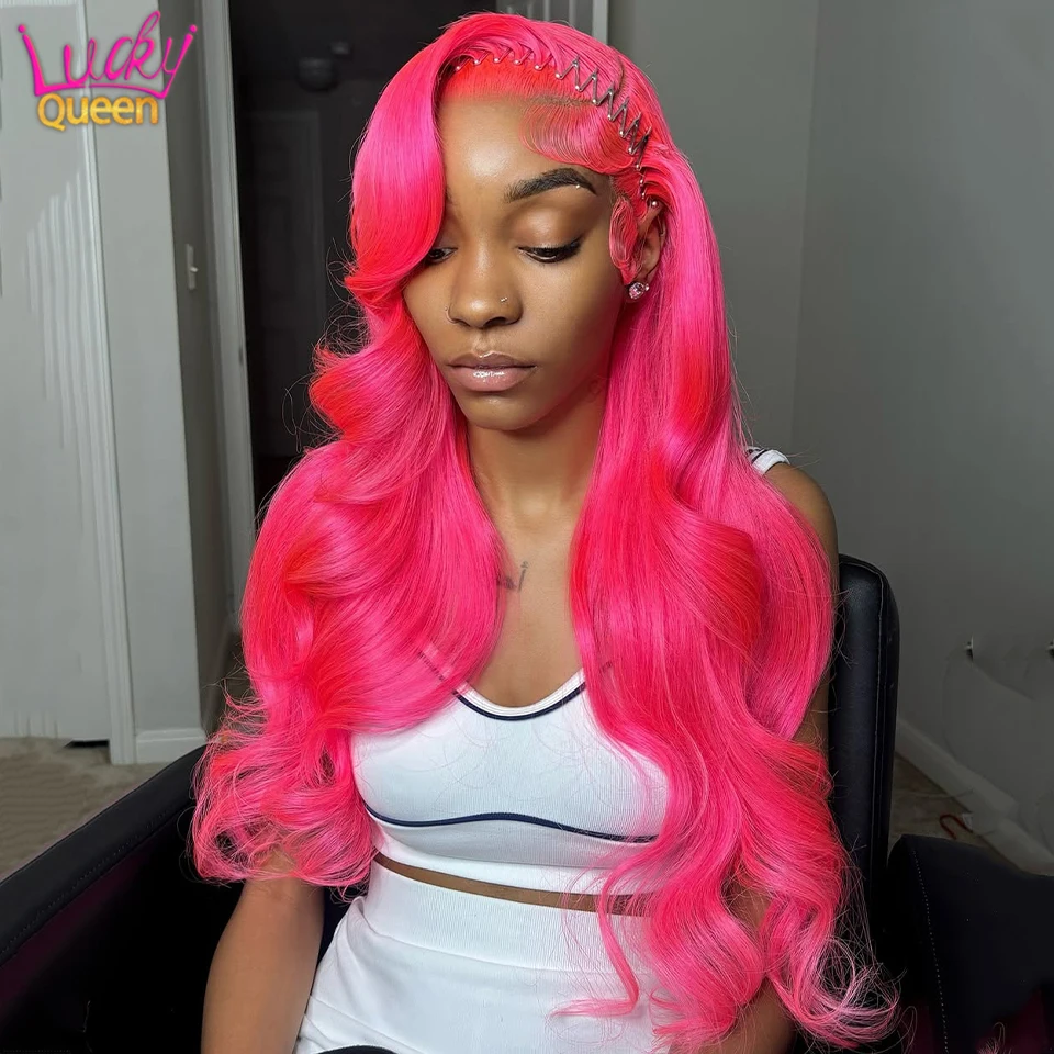 

180Density Bright Pink 613 Colorful Wigs Human Hair Brazilian Lace Front Fluorescent Powder Transparent Lace Body Wave For Women