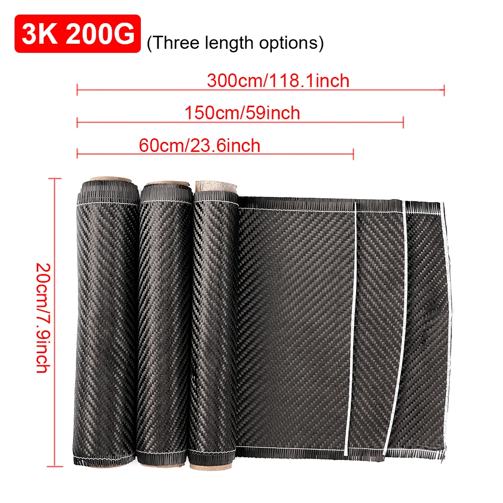 3K 200gsm Carbon Fiber Cloth 0.2mm 60cm Thickness 20cm/30cm Long Plain Carbon Fabric For Commercial Car Part Sport Equipment