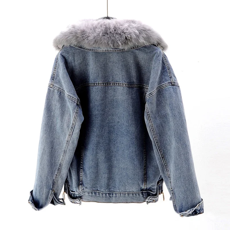 Winter Warm Denim Jacket Women Fox Fur Collar + Removable Rabbit Fur Liner Jeans Jacket Coat Loose Outwear Female Chaqueta Mujer