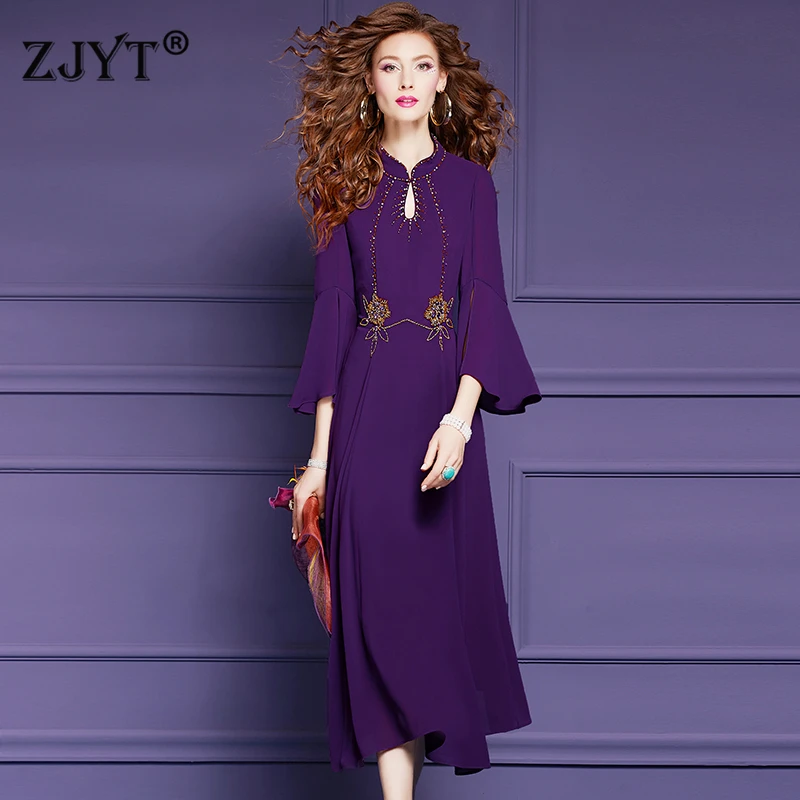 

ZJYT Luxury Beading Chiffon Long Dresses for Women Elegant Flare Sleeve Holiday Dress Purple 2024 Summer Fashion Party Vestidos