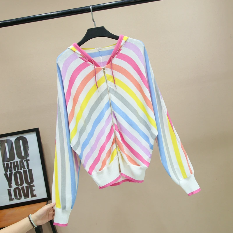 

Spring Summer 2024 Women's Casual Hoodie Knitted Cardigan Sweater Batwing Sleeve Rainbow Stripes New Arrival Sweet Style