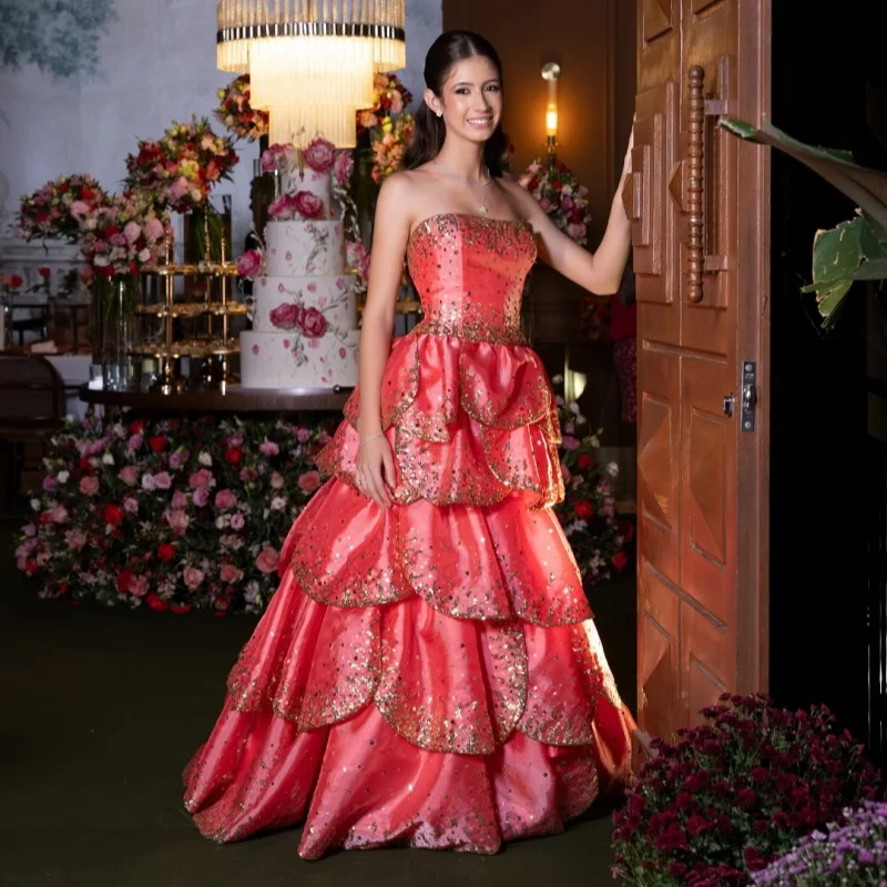 

Pink surface evening dress ruffle Luxury Beading Appliques Sparkly layering Sequin decal Gown Customized