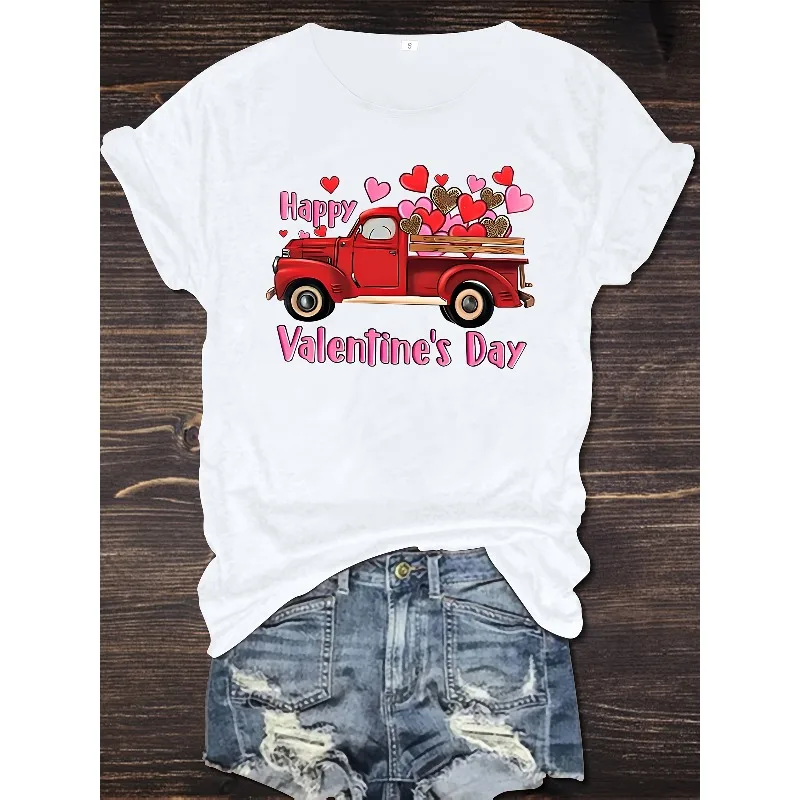 

Ladies' Valentine's Day Printed T-shirt Retro Red Truck with Love Pattern Valentine's Day Theme Fun Love Design Festival Top