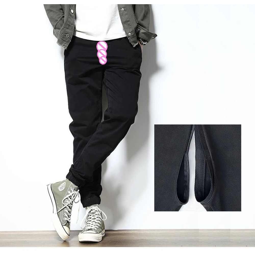 Pure Cotton Casual Pants Men's,Elastic Waist Invisible Open Crotch Outdoor Sex,Slim Trend Trousers,Exotic 9 Point Pant Simple
