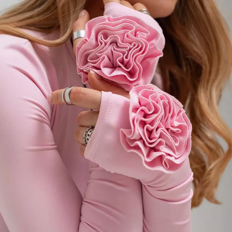 

Women Elegant 3D Flower Long Sleeved T-Shirt Lady Round Neck Slim Fit Pleated Tops Spring Summer High Street Holiday Shirts