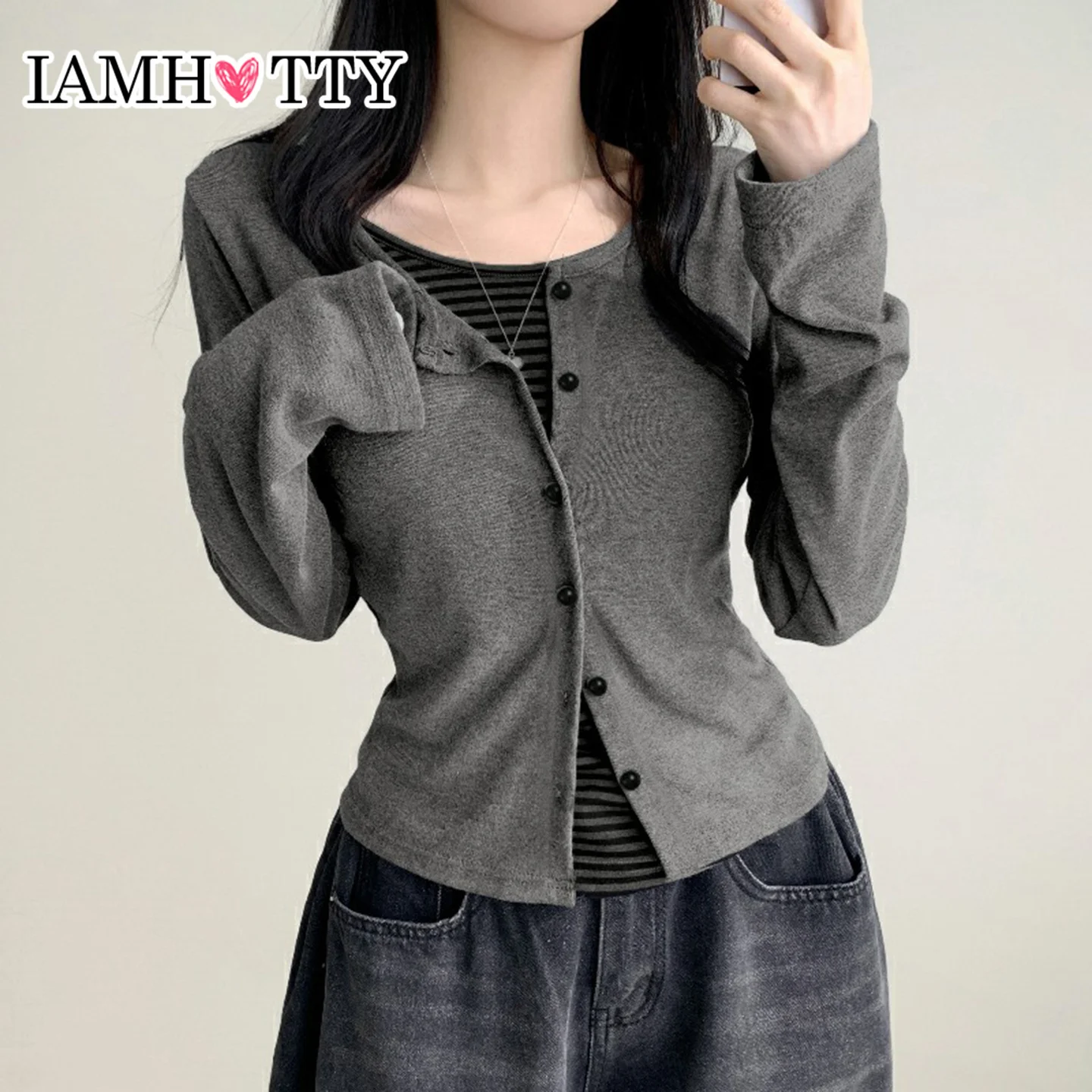 

IAMHOTTY Striped Contrast Color Fake Two-piece Patchwork Top Women's Autumn Spring Button-up Long Sleeve T-shirt Korean Clothing