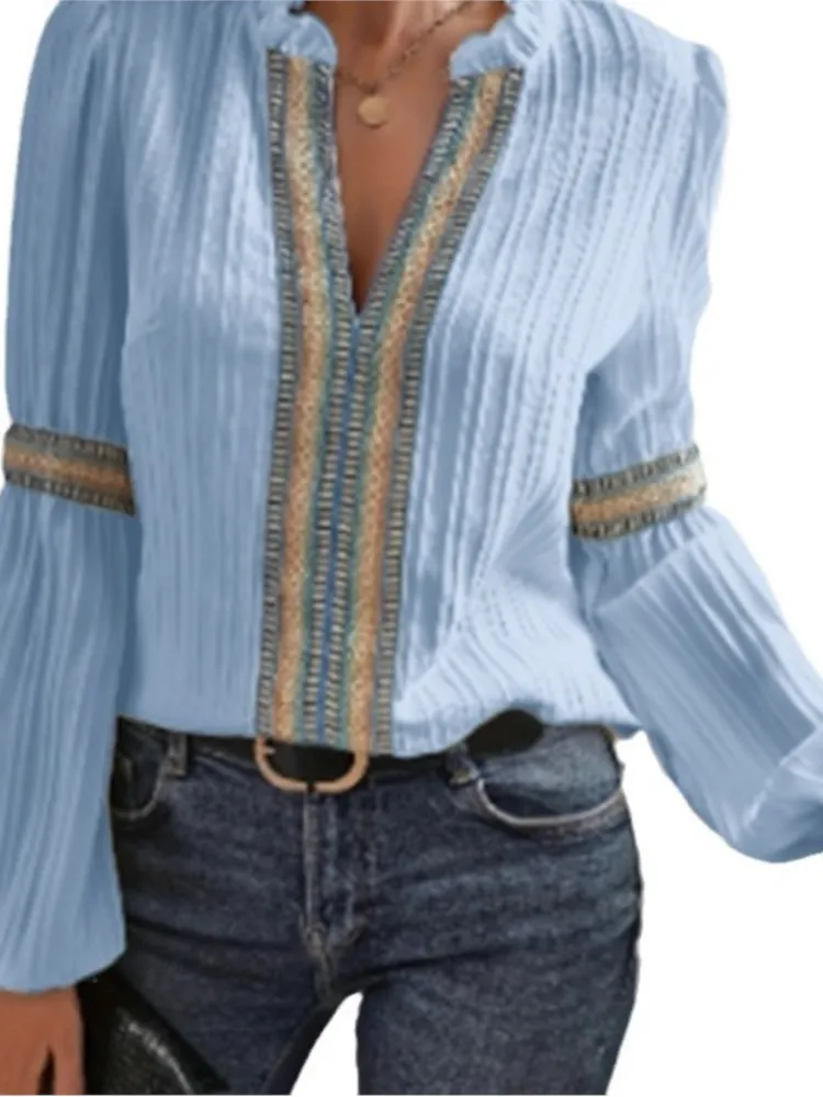 Spring Autumn Woman's Elegant Long Sleeves Shirt Female Fashion Lace Trim V-neck Loose Lantern Sleeves Tops Lady Office Blouses