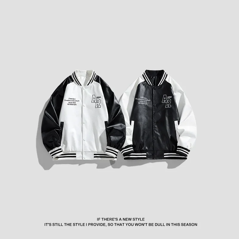แจ็คเก็ตหนังผู้ชาย สีดำขาว ตัดต่อ สไตล์ลำลอง สวมใส่สบาย ทรงเข้ารูป หล่อ เท่ ทันสมัย เหมาะสำหรับฤดูใบไม้ร่วงและฤดูหนาว แจ็คเก็ตเบสบอลหนัง