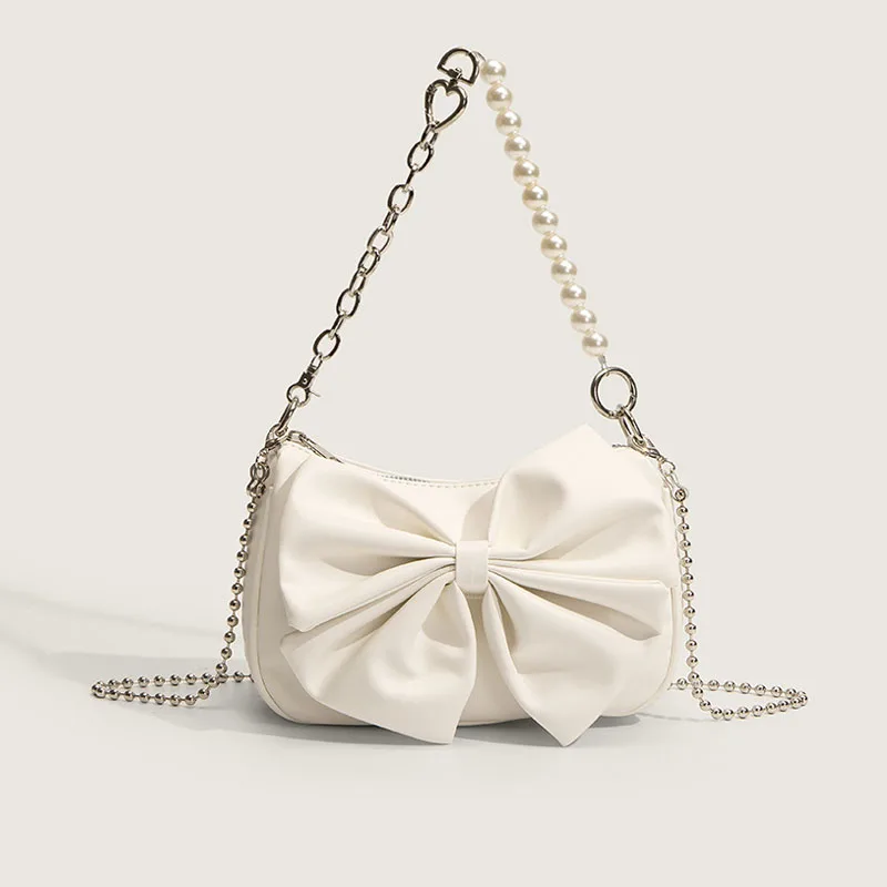 Black White PU Bow Handbags 2023 Autumn Winter New Ladies Underarm Tote Bags Fashion Simple Pearl Chain Shoulder Bag Small Purse