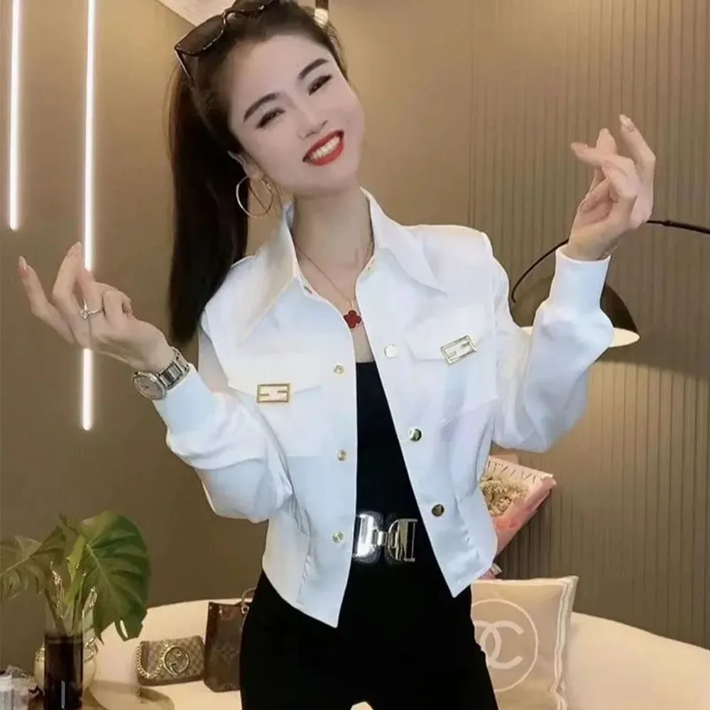 2023 Spring Autumn Fashion Bomber Jacket Women Elegant Lapel Zipper Short Coat Casual Ladies Retro White Windbreak Coats Tops