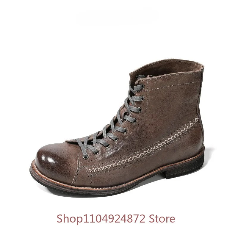 Vintage High Top Work Boots Men's Handmade Lace-up Genuine Leather American Casual Outdoor Chelsea Leather Boots Male Shoes