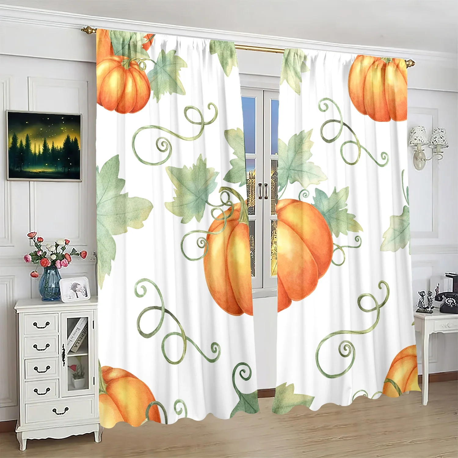 ​​Spooky Halloween Printed Curtains - 2-Piece Polyester Set for Bedroom, Living Room & Study Decor, Festive Window Treatment​