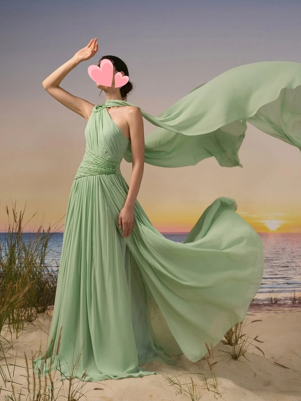 Oisslec Dress Elegant Vintage Sweet Green Beads Chiffon Ruffle Ribbon Customized Formal Occasion Prom Dress Evening Party Gowns