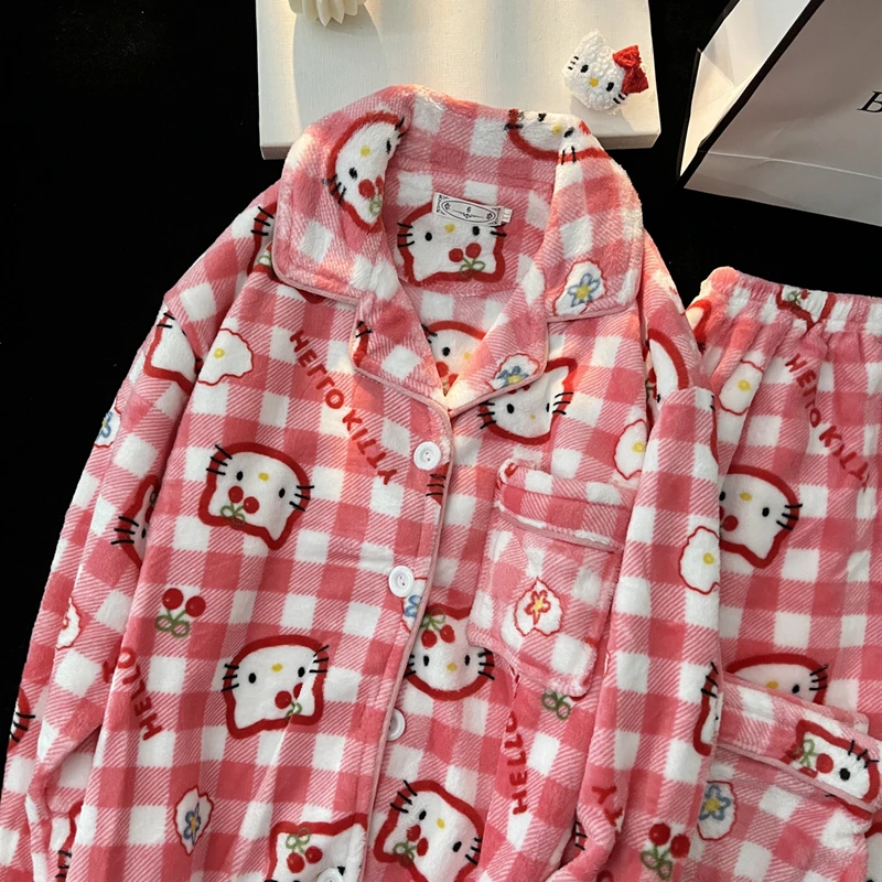 Winter Women's Hello Kitty Pajama Set Cartoon Flannel Pajamas Thickened Fluffy Plush Warm Comfortable Loose High Quality