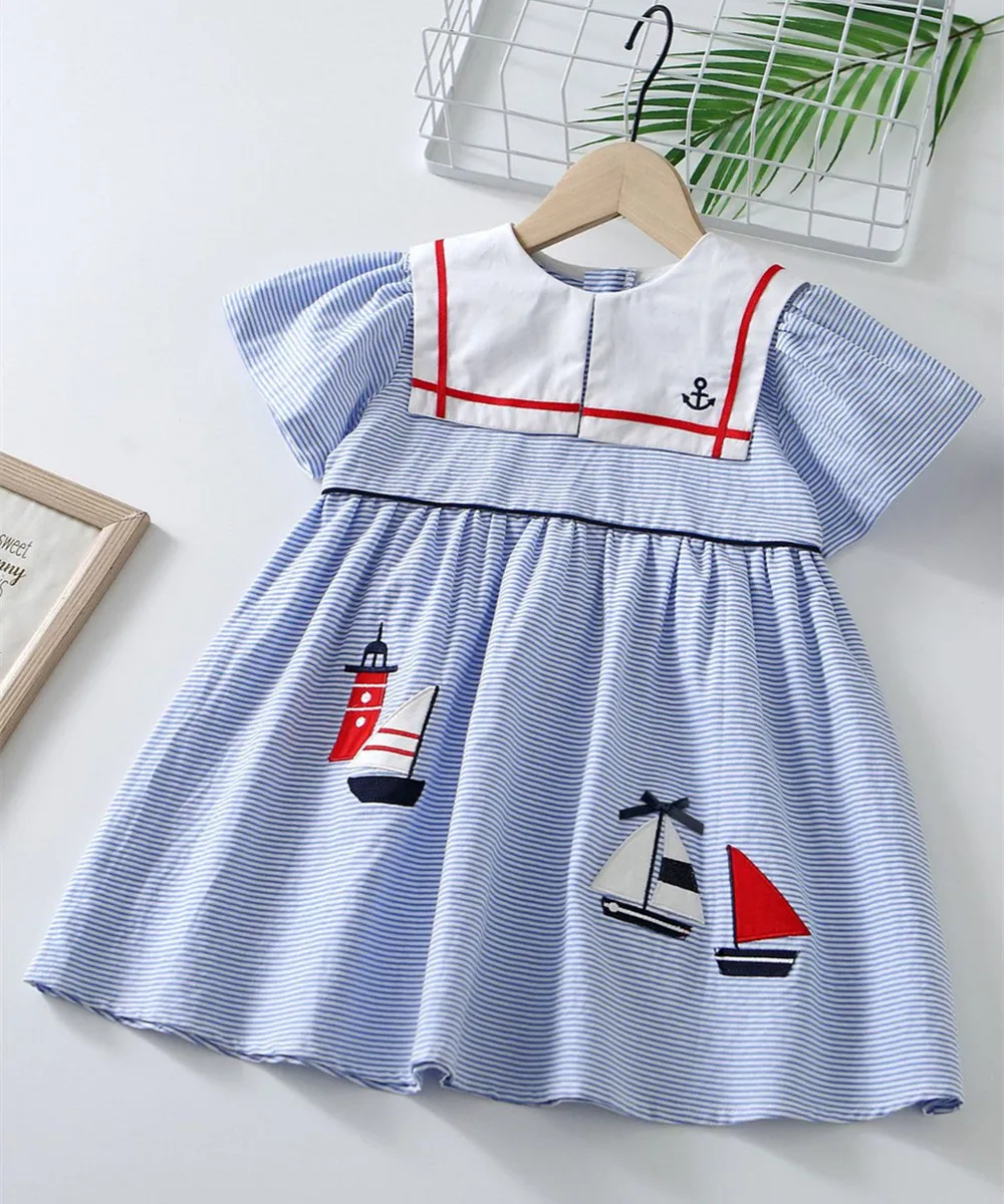 summer kids girl clothes baby dresses cotton Navy style girls' dress big collar Sweet blue summer dress