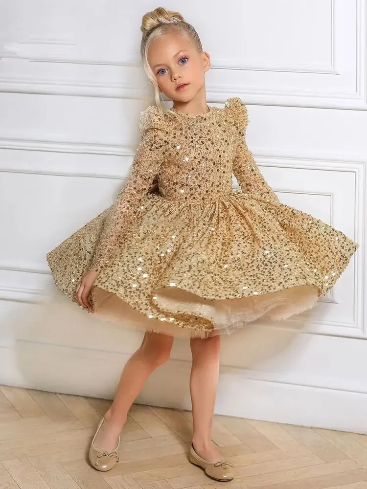 Golden luxurious Girl Party Dresses Elegant Fluffy Girl Princess Dress Children Layer Lush Birthday Wedding Evening Dress 1y-14y