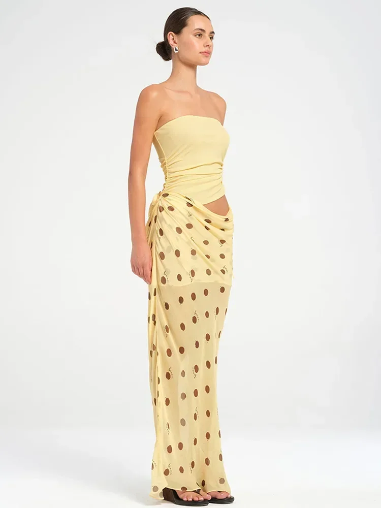 حمالة البولكا نقطة الشيفون المرقعة فستان ماكسي المرأة انقطاع سليم مثير أنبوب عطلة الشاطئ فستان ماكسي الصيف ملابس الحفلات