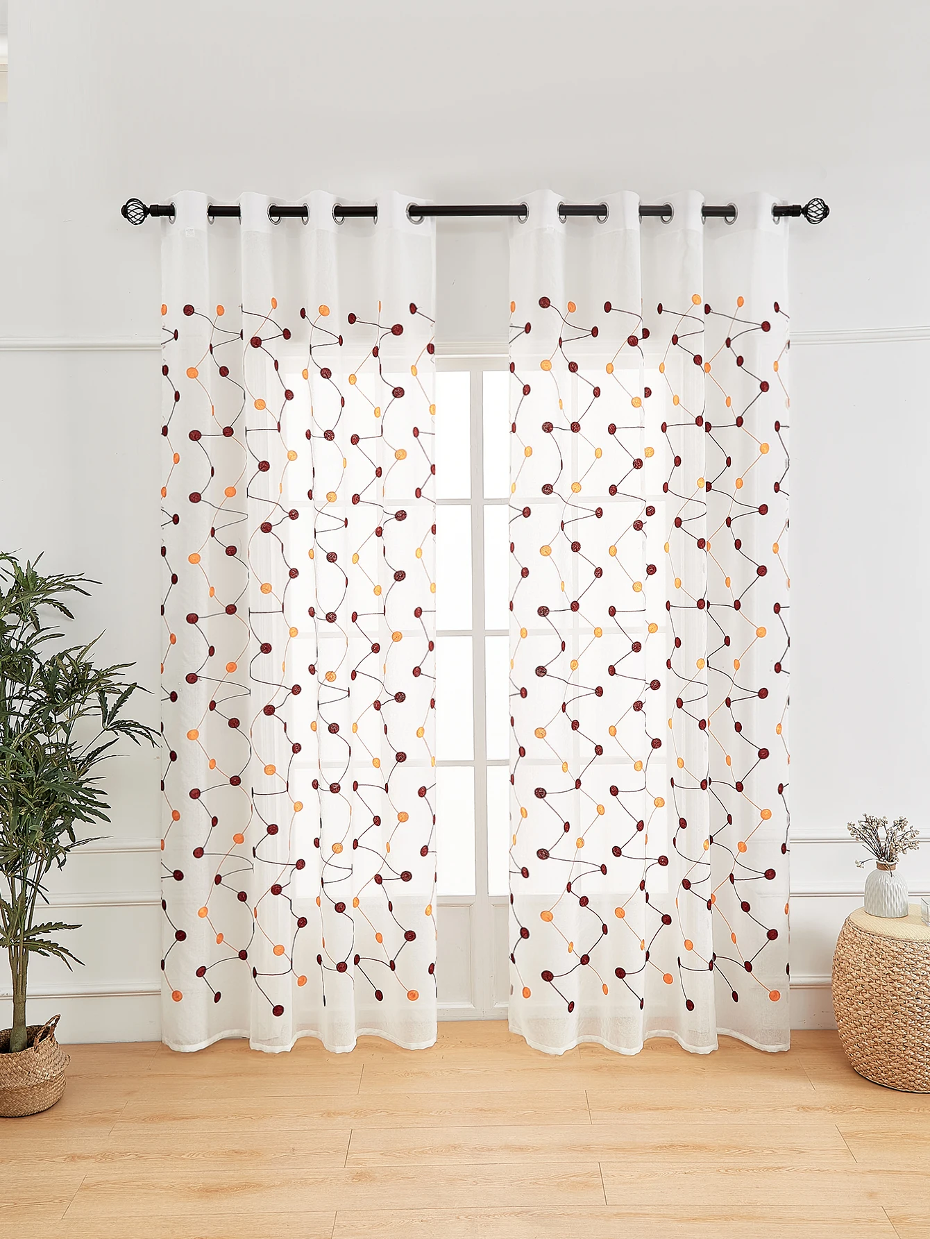 Sheer Curtains 84 Inches Length Embroidered Line with Rounded Pattern Pocket Faux Linen Semi Sheer Voile Window Cur