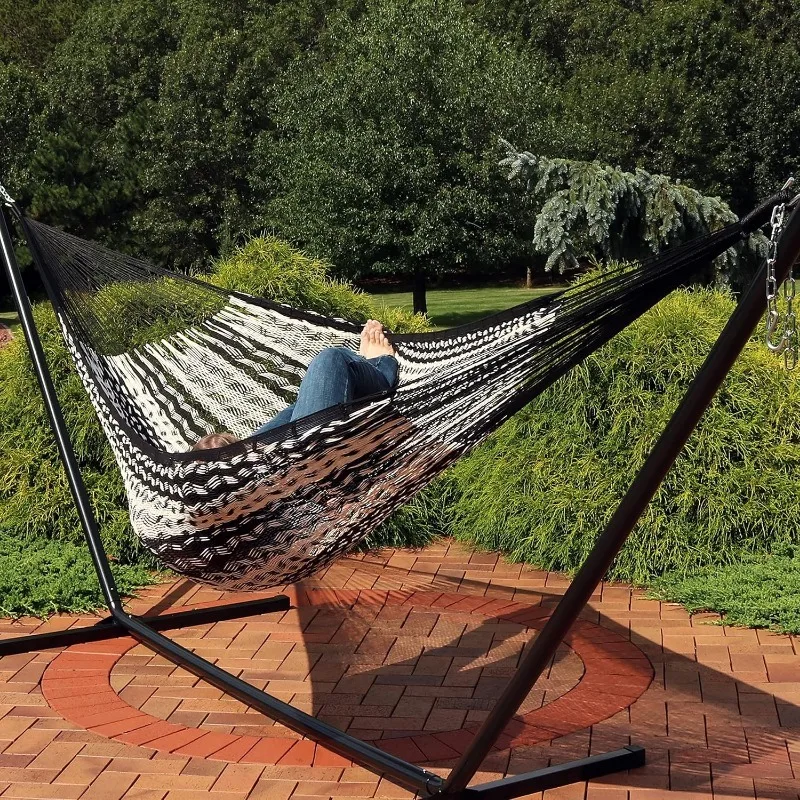 Handwoven XXL Thick Cord Mayan Family Hammock for Outside - 625-Pound Capacity - Black/Natural