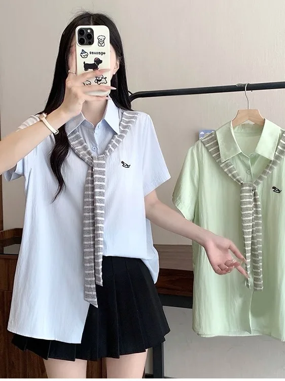 

plus Size Women's College Style Short Sleeve Shirt with Shawl Fake Two-Piece Summer Slimming Versatile Open Cardigan Top Trendy