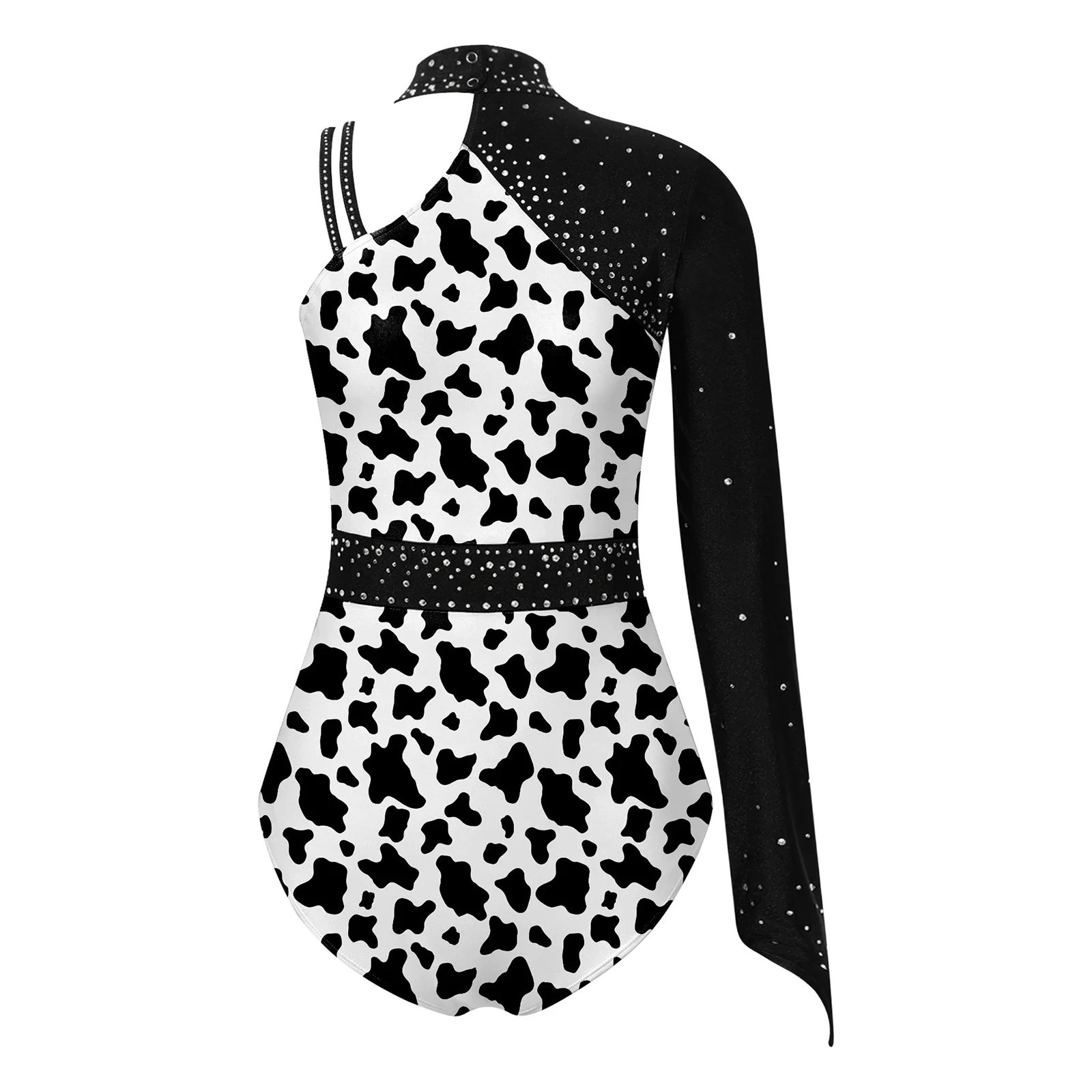Asymmetrischer, einärmiger, moderner Jazz-Tanzanzug für Damen, Leopardenmuster, Strass, Turnanzug für Wettkämpfe, Jumpsuit – Detail 8