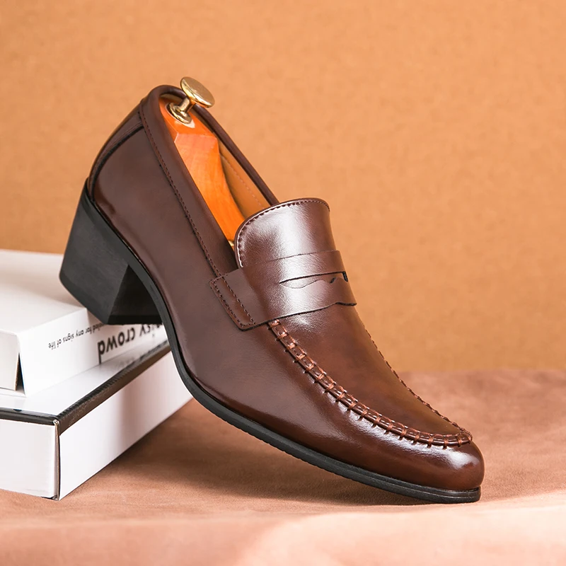 

Classic Thick High Heels British Business Social Shoes Men High Quality Brogue Platform Leather Shoes Men Formal Leather For Man