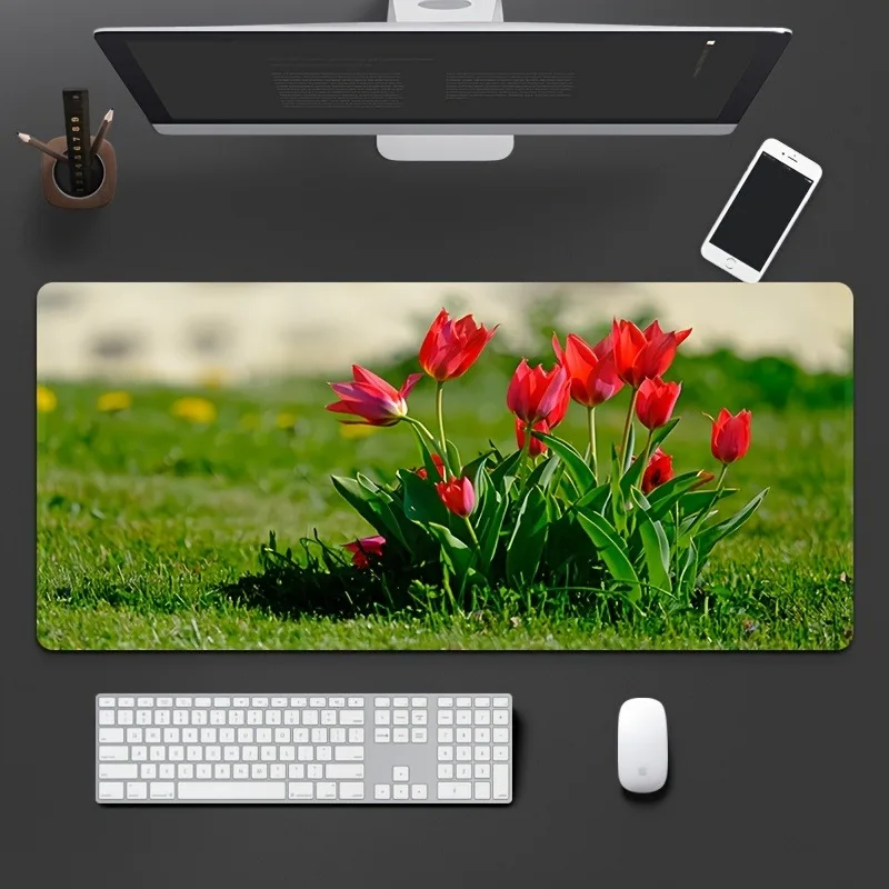 1pc Red Rose And Green Field Mouse Pad Multi-Size Non-Slip Stitched Edge Computer Keyboard Desk Mat For Office And Gift