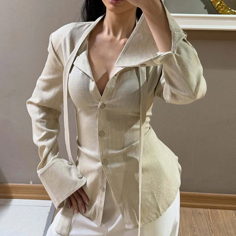 

Summer Fashion Lapel Collar Ribbon Solid Shirt Spring Women Casual Long Sleeve Slim Top Elegant Commute Single breasted Blouses