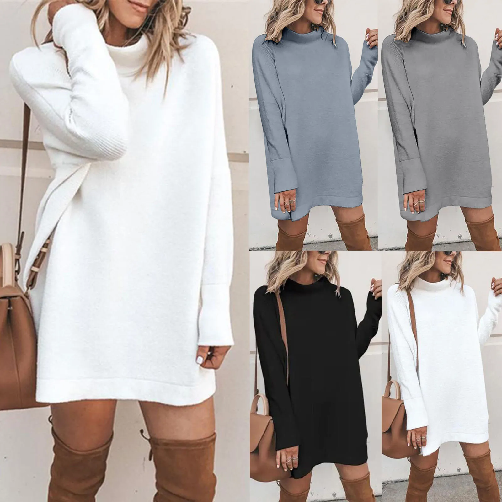 Gaun Sweater Mini musim gugur musim dingin lengan panjang leher-o Solid Kasual mode wanita Pullover hangat musim gugur Vestidos Mujer baru 2024