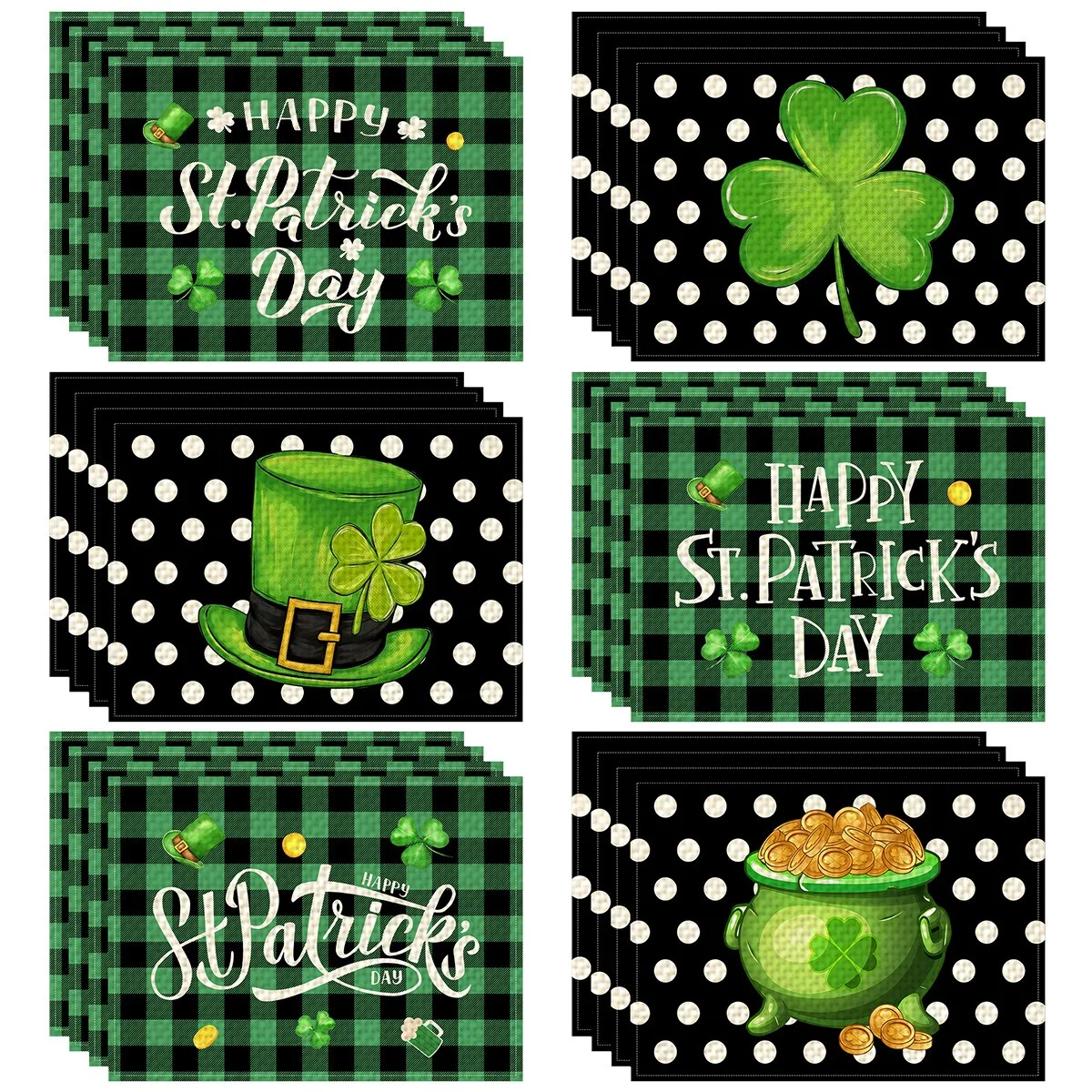 St. Patrick’s Day Placemats Set of 6 Buffalo Plaid Plastic Table Mats Lucky Shamrock Place Mats Holiday Table for Party Kitchen