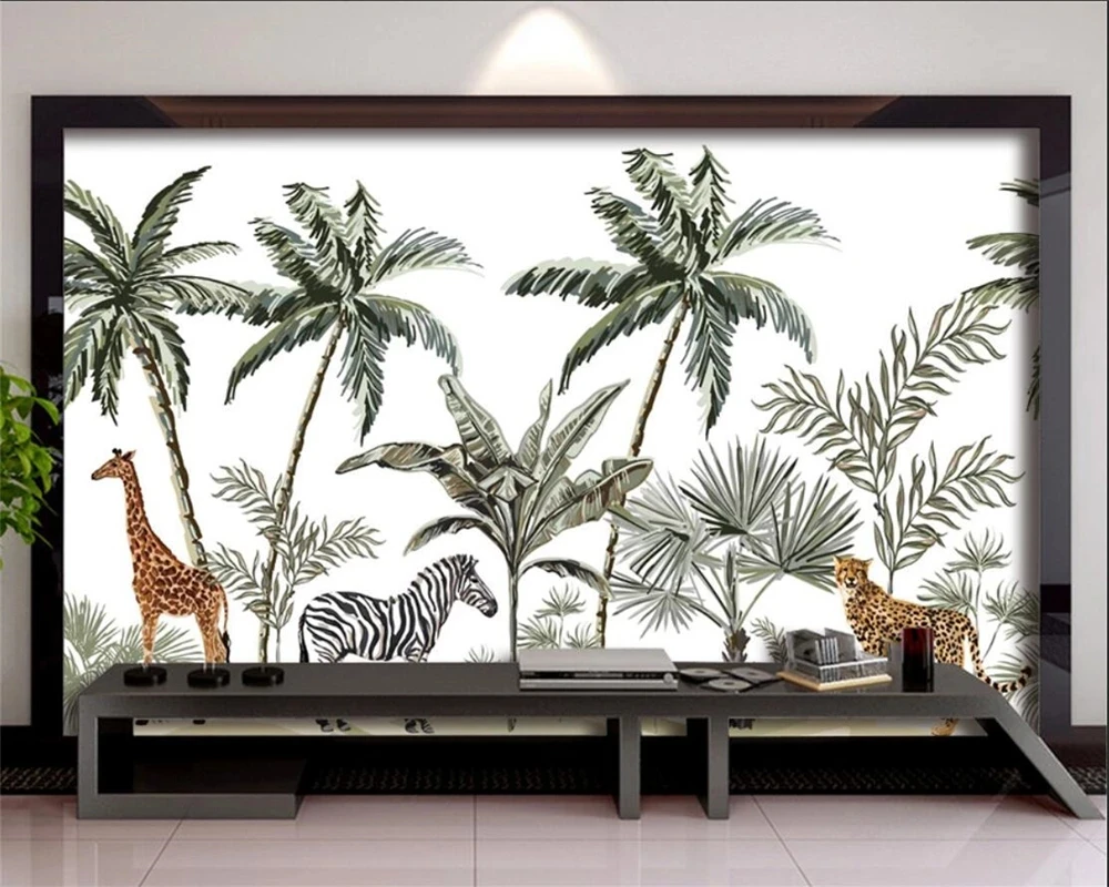 Customized 3D hand painted tropical rain forest plant animal mural wallpaper Living room TV background bedroom restaurant tree